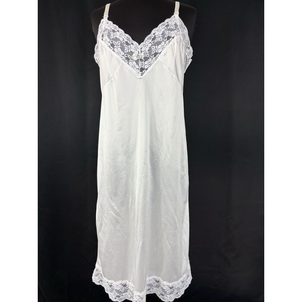 Vintage Perfectform Slip Dress 38 M White Nylon Lace USA Midi Silky Coquette